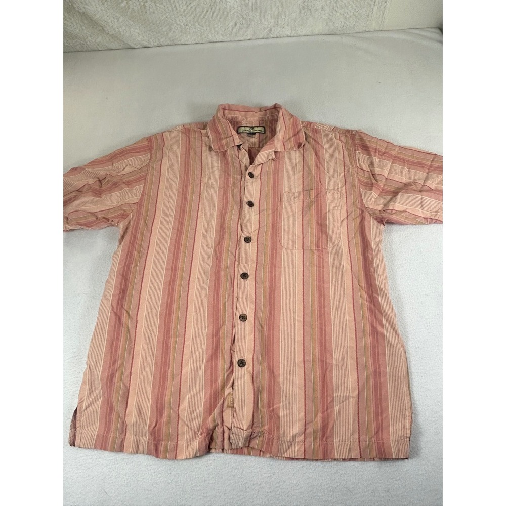 Tommy Bahama Button Up Mens L Pink Striped Tropical Silk Short Sleeve Shirt